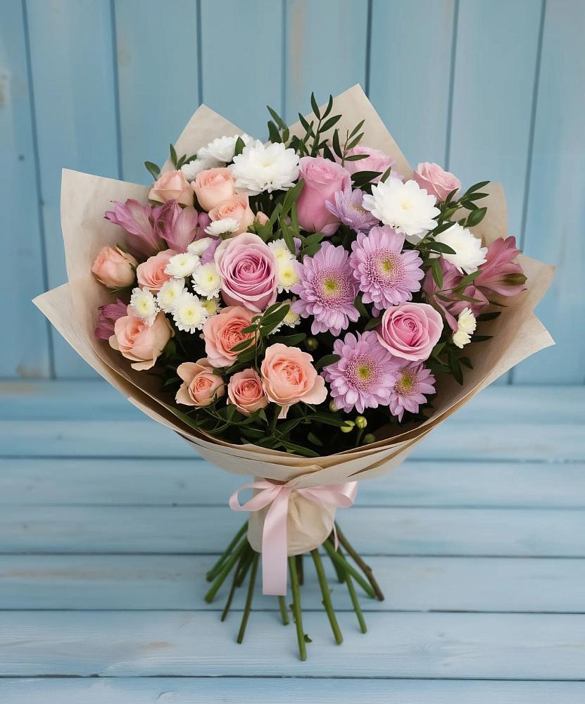 Букет цветов из: Хризантемы, Розы и Альстромерии в Артём