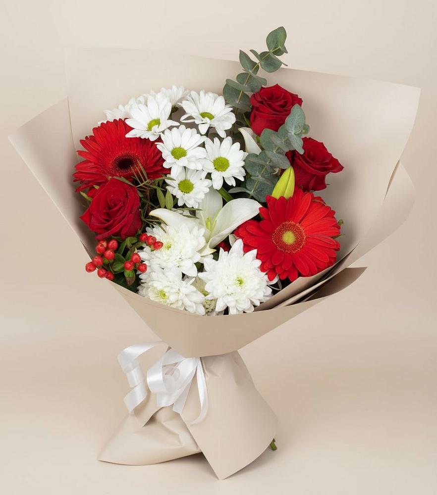 Букет цветов из: Розы, Хризантемы, Герберы и Лилии в Артём