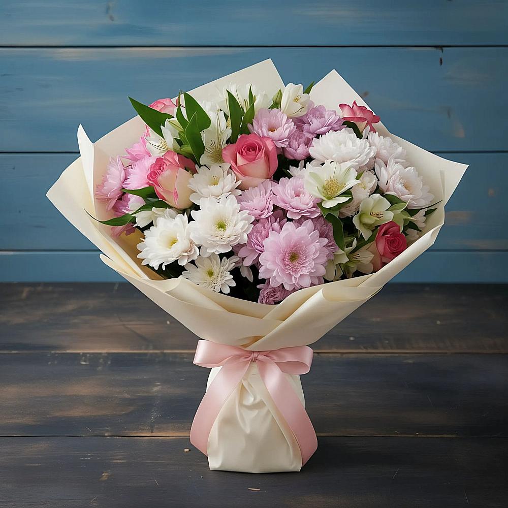 Букет цветов из: Хризантемы, Альстромерии и Розы в Артём